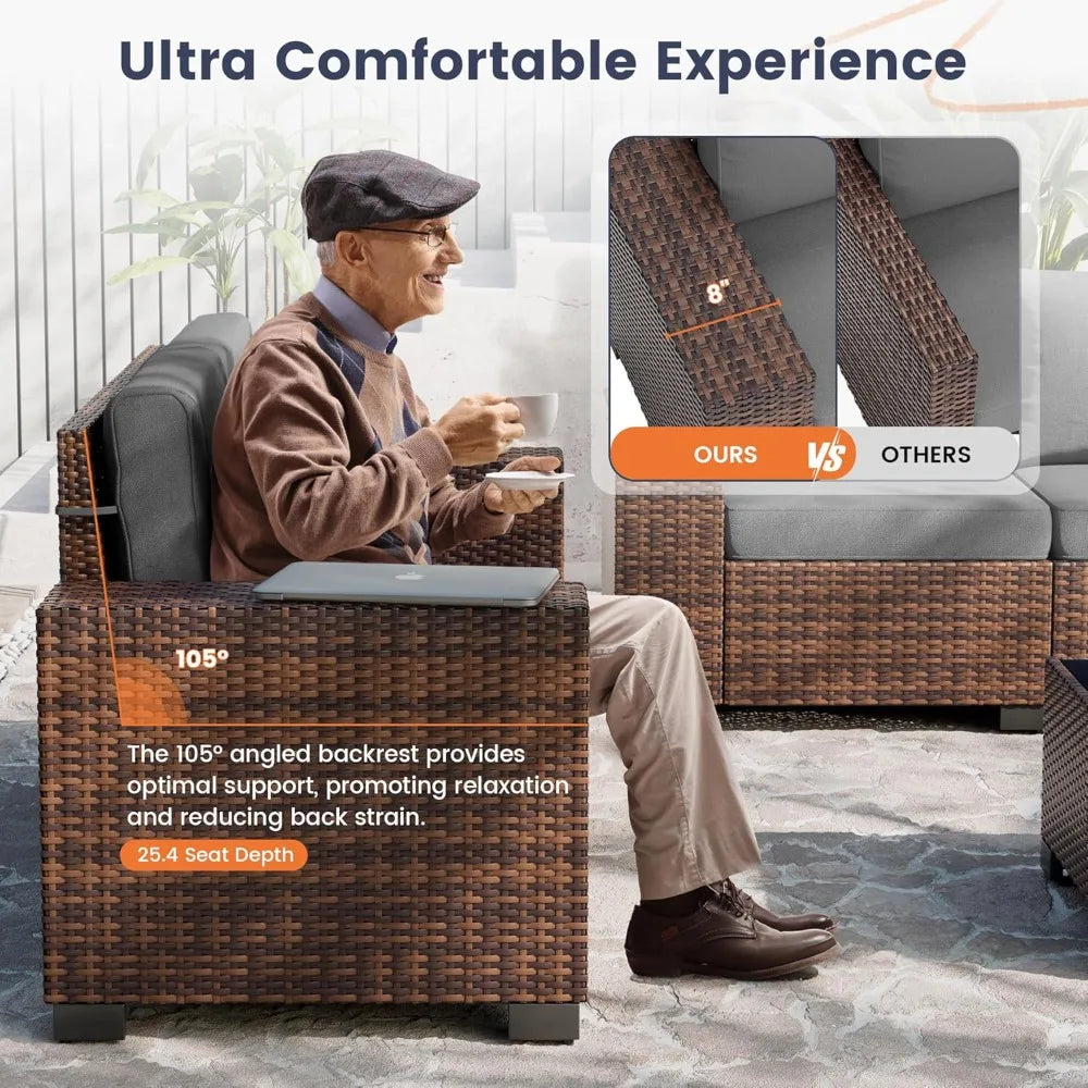 8 Inch Armrest Outdoor Sectional Sofa, 6 Piece Wicker Outdoor Furniture Conversation Sets with Waterproof Cover