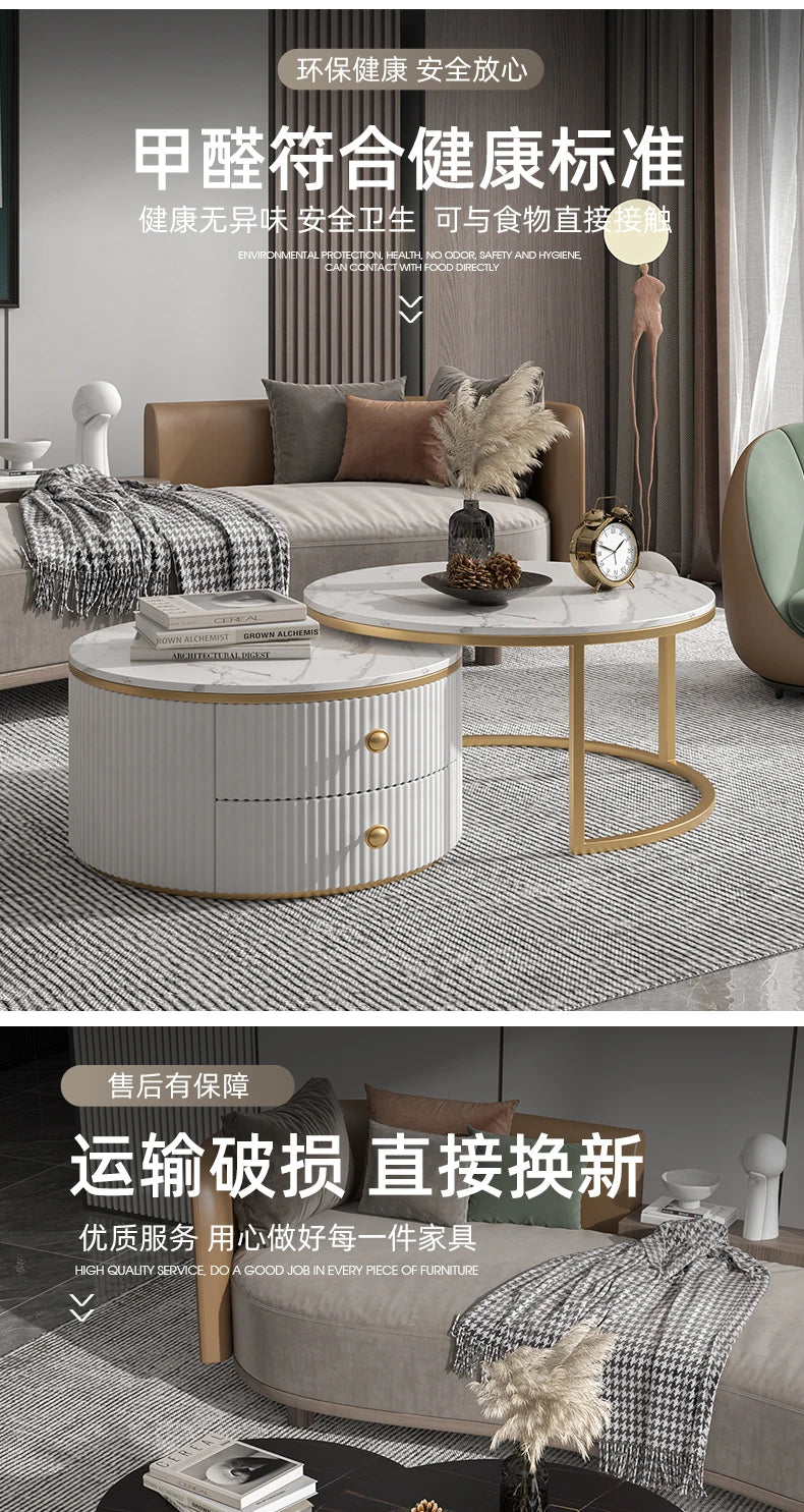 Rock slab coffee table round light luxury TV cabinet combination living room household marble size round