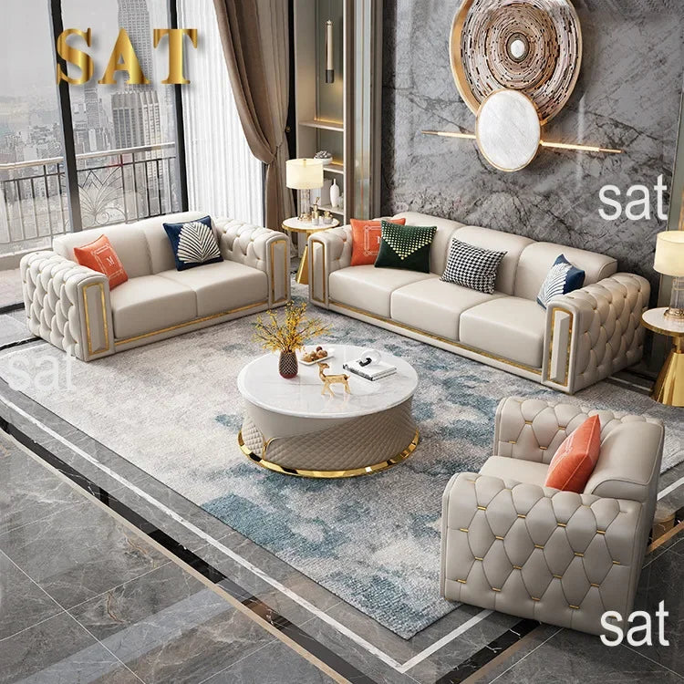 -Modern Luxury High-end Living Room Sofa Set Furniture Upholstered Full Leather Button Tufted Sofa Home