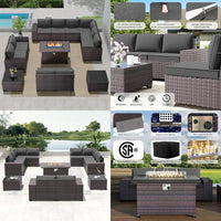 "13-piece propane fire pit patio furniture set with sectional sofa and conversation area"