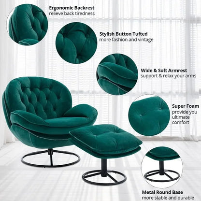 luxurious velvet swivel chair and ottoman set, contemporary lounge chair with metal frame and footrest, ergonomic single relaxat