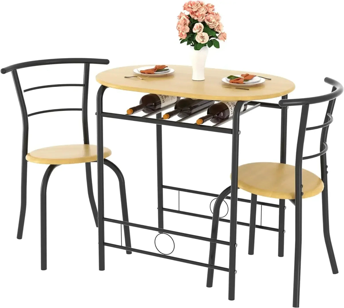 v 3 Piece Small Round Dining Table Set for Kitchen Breakfast Nook, Wood Grain Tabletop with Wine Storage Rack, Save Space, 31.