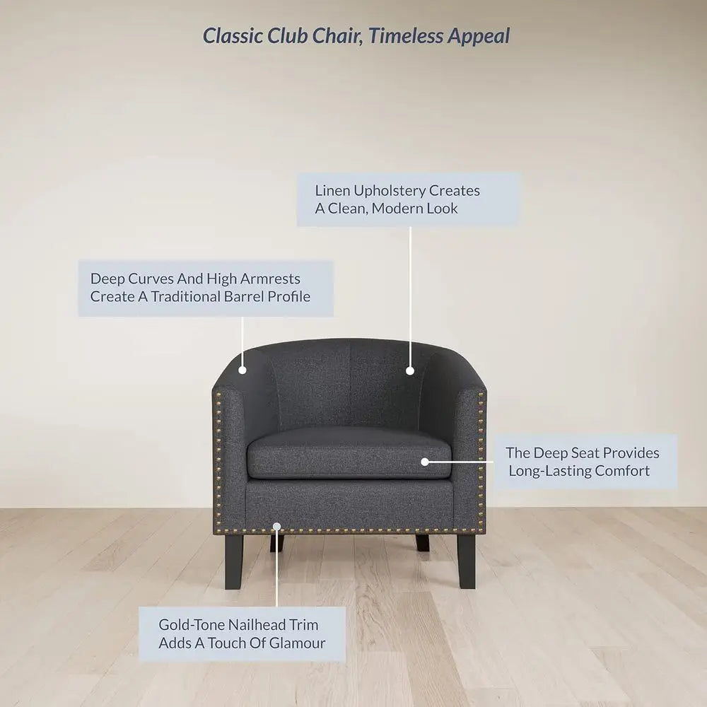 Linen-Gray Accent Barrel Chair with Gold Nailhead Trim and Black Legs for Living Room or Bedroom Lounge