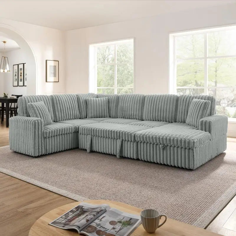 Grey Corduroy Striped Upholstered Sofa, Modern Minimalist U-shaped Sectional Sofa with Pull-out Bed & Storage Chaise, Soft and