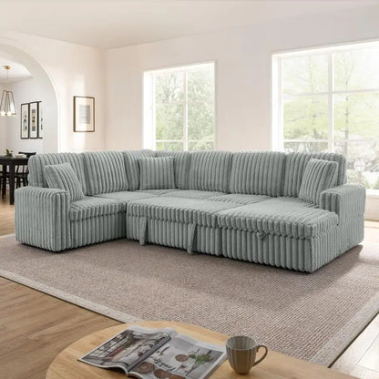 Grey Corduroy Striped Upholstered Sofa, Modern Minimalist U-shaped Sectional Sofa with Pull-out Bed & Storage Chaise, Soft and