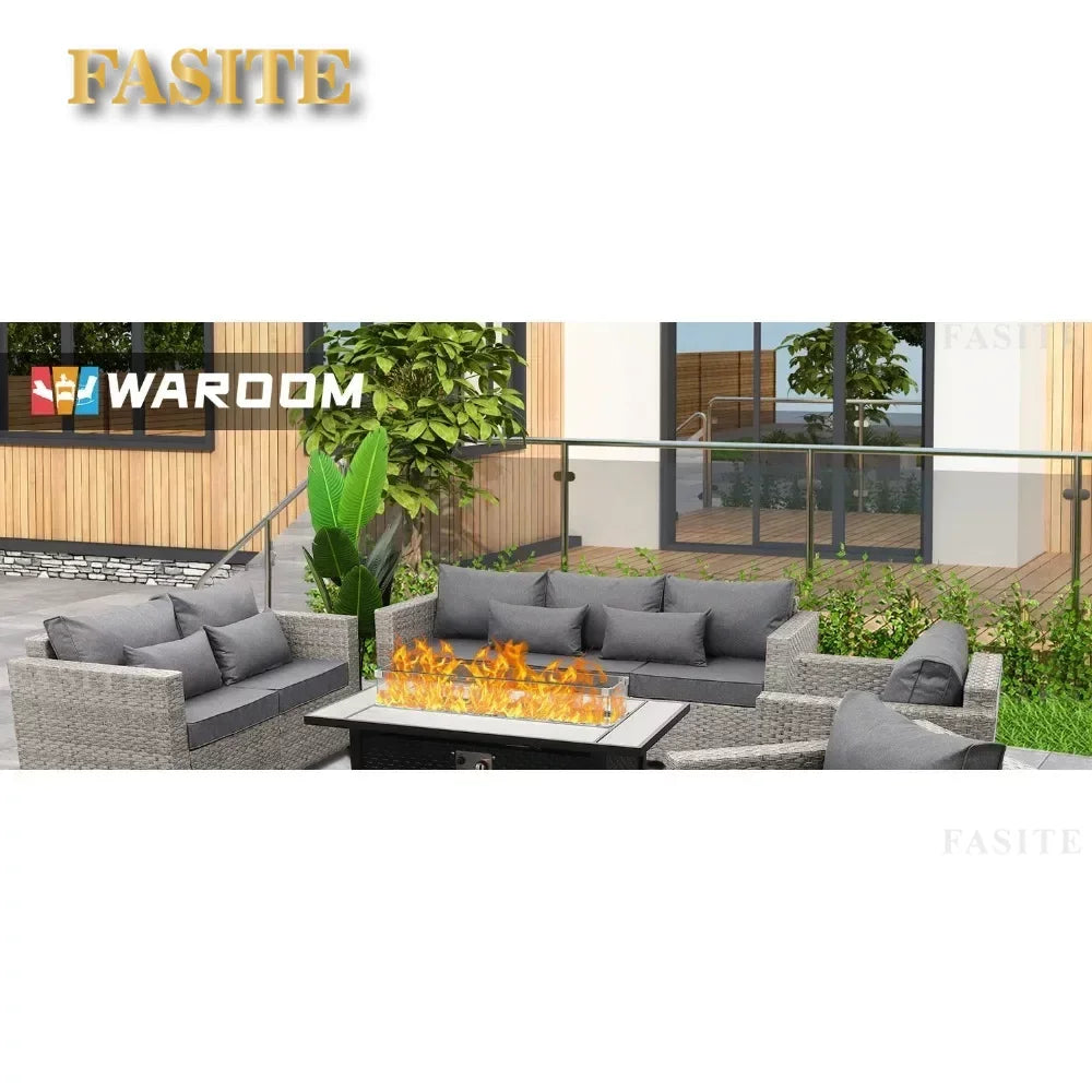 Garden Furniture Set 7 Piece, Patio Couch Sets Chair, PE Rattan Sectional with 45" Fire Pit Table, Garden Furniture Set