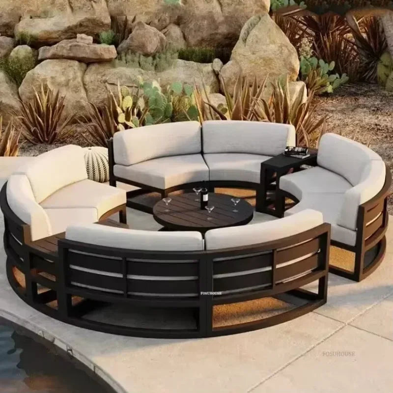 Outdoor Waterproof Sun Protection Garden Sofas Curved Outdoor Sofa Aluminum Alloy Courtyard Villa Reception Sofa Coffee Table EE