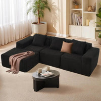 L-Shaped Memory Foam Sofa with Chaise, Corduroy Upholstery, Easy Assembly Living Room Couch (Black)