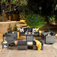Patio Furniture Set with Fire Pit Table, Outdoor WickerSofa with Comfy Cushion, High Back Rattanfor Garden Backyard