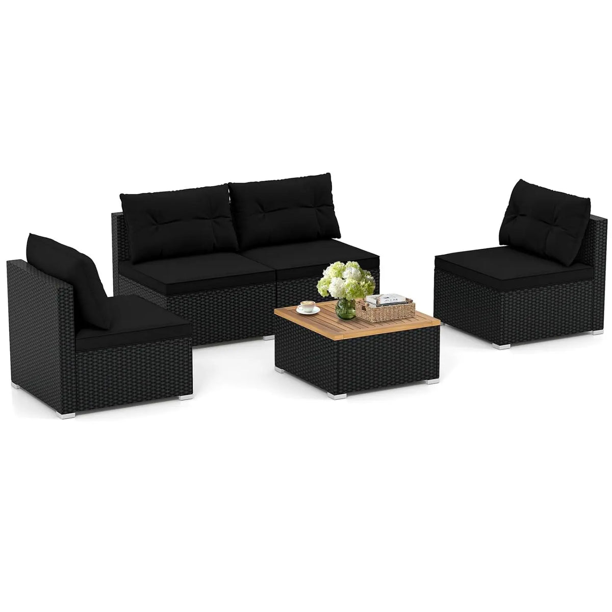 5pc PE Rattan Sectional Set 4 Armless Sofas Acacia Table Cushioned Garden Poolside Backyard Grey Customized