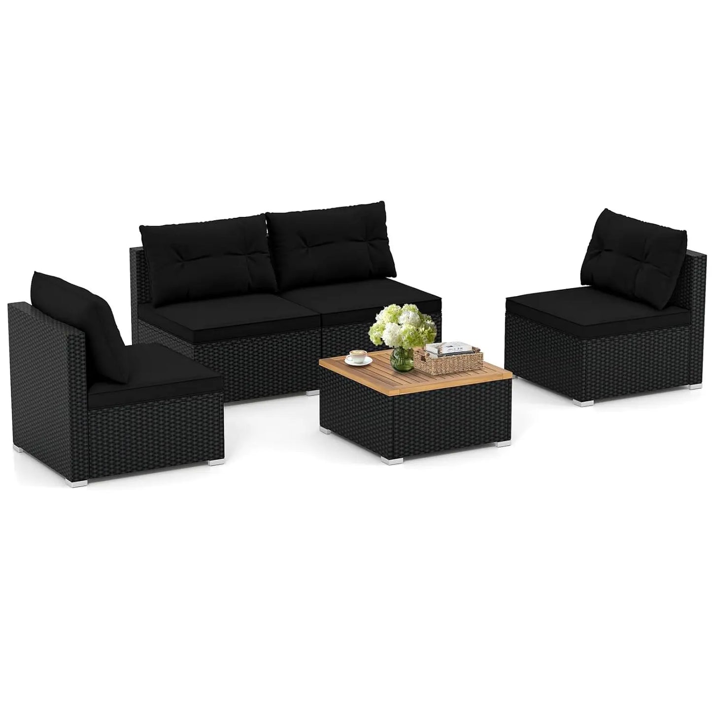 5pc PE Rattan Sectional Set 4 Armless Sofas Acacia Table Cushioned Garden Poolside Backyard Grey Customized