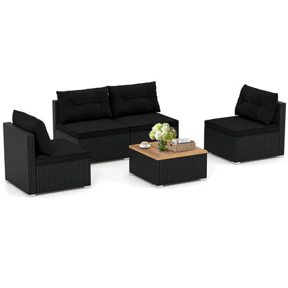 5pc PE Rattan Sectional Set 4 Armless Sofas Acacia Table Cushioned Garden Poolside Backyard Grey Customized