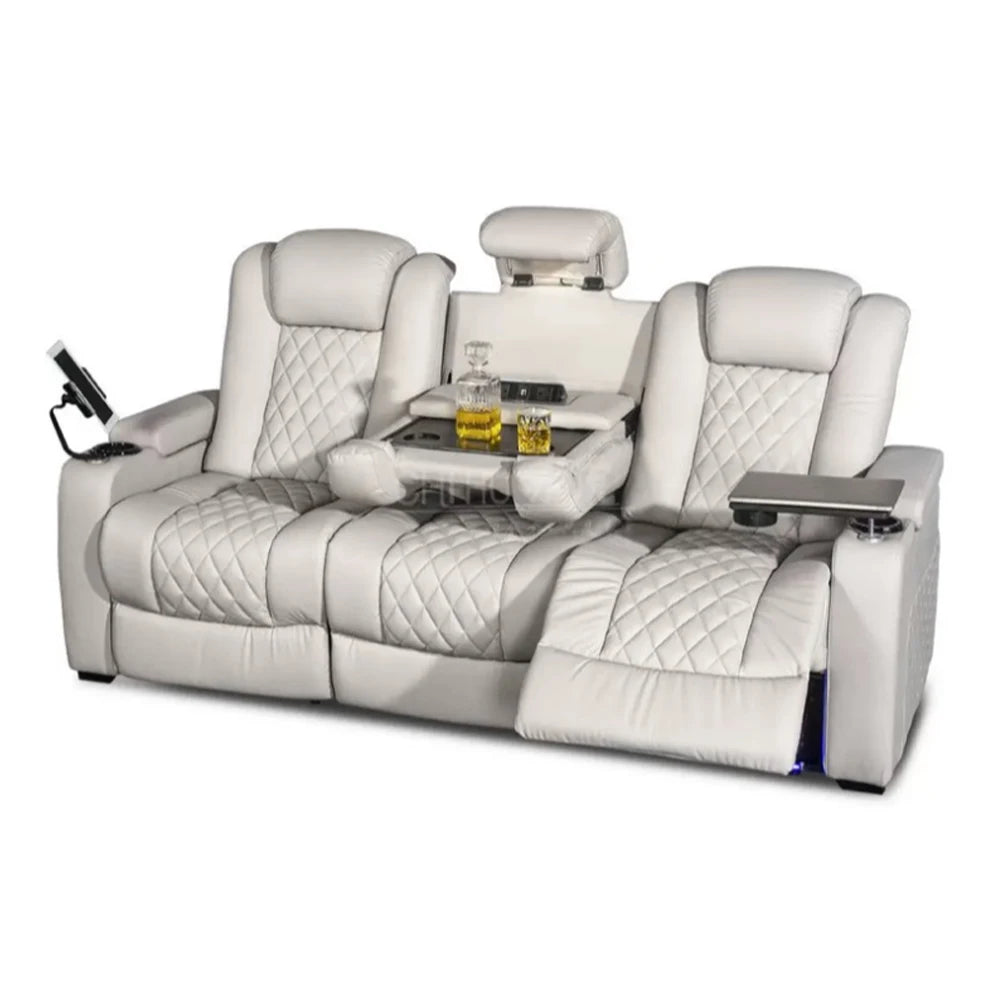 Luxury Dual Motors Power Reclining Sofa with LED Lighting, USB, Hidden Storage, Fold-Down Table & Tray – 3-Seat Recliner Sofa