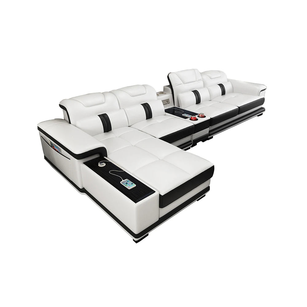 for Modern Living Room Sofas L Shape Corner Italian Genuine Leather Couch with Speake,Radio,USB, Bluetooth, Cup Holder