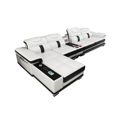 for Modern Living Room Sofas L Shape Corner Italian Genuine Leather Couch with Speake,Radio,USB, Bluetooth, Cup Holder