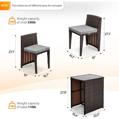 3 PCS Wicker Outdoor Patio Bistro Set, Patio Furniture Set for Small Space with Glass Top Table Dining Chairs, Balcony Furnitur