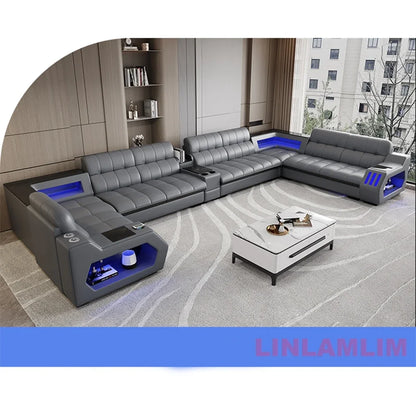 Modern Sectional Sofa Bed with LED Light, Electric Recliner and Massage | Living Room Genuine Leather Couch with Cup Holder, USB