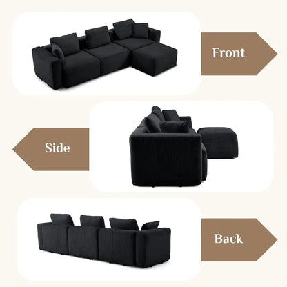 112" Sectional Couch with Movable Ottoman, Modern Corduroy Cloud Sofa Set with Deep Seat, Convertible L-Shape Boneless Couch for