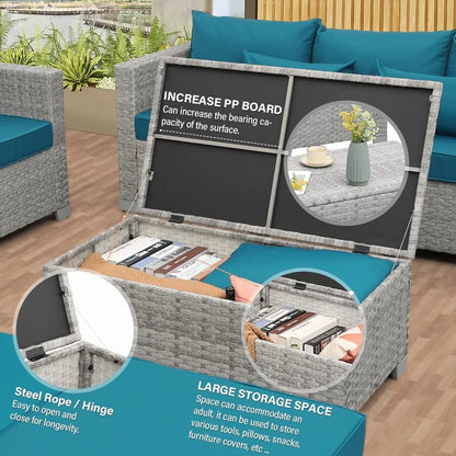 4-Piece Wicker Patio Furniture Set, PE Rattan Sectional Sofa with Storage Table, All-Weather Outdoor Conversation Sets.