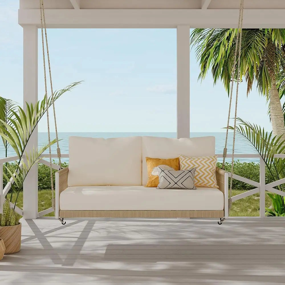 Beige 2-Person Porch Swing with Woven Rope and Soft Cushion for Patio or Garden