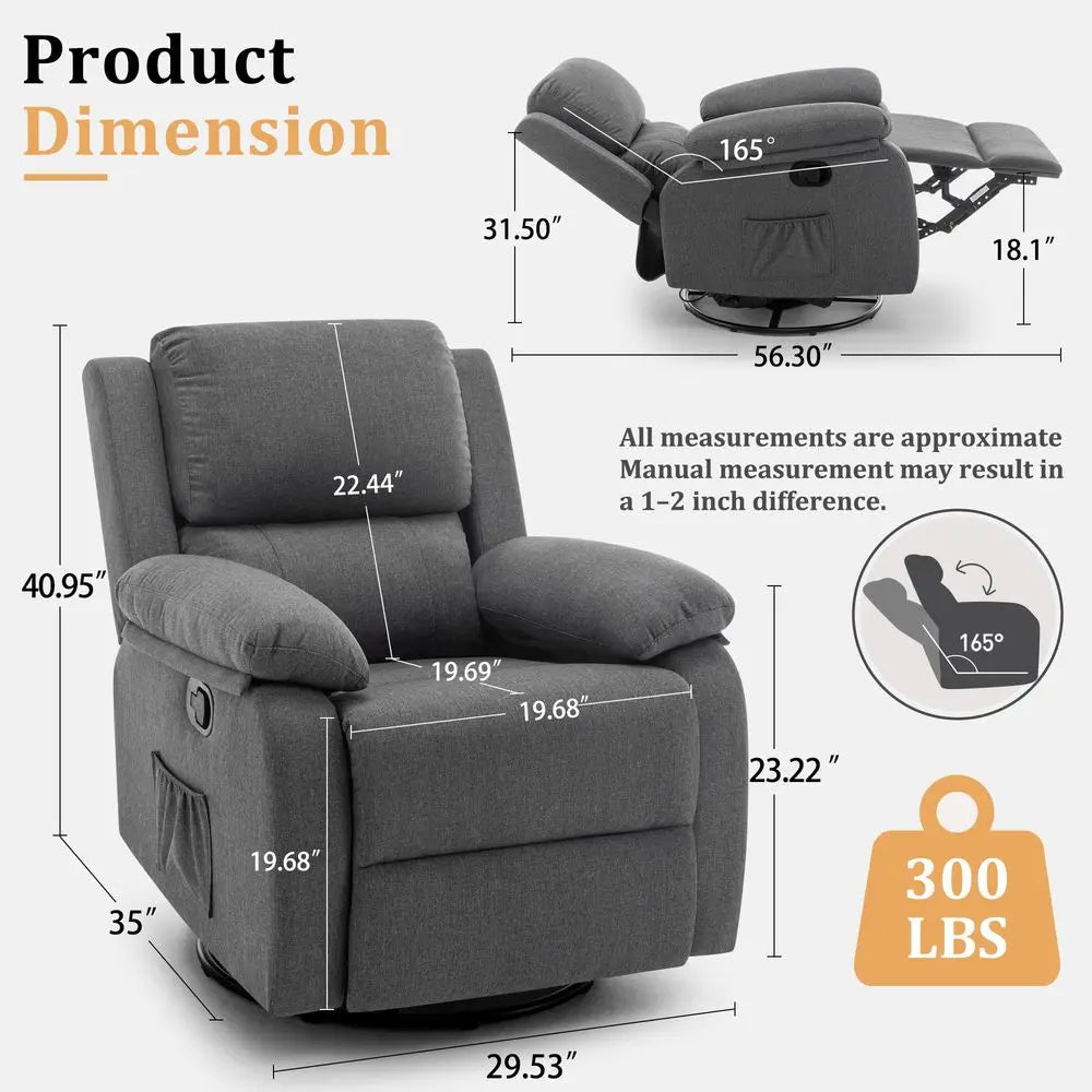 Recliner Chair, 360 Swivel Rocker Chair for Adults, Small Rocking Recliner for Small Spaces, Upholstered Fabric Glider Recliner