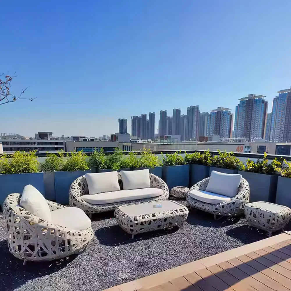 Modern Design Solid Wood Rattan Recliner Sofa Set with Metal Material Outdoor Garden Furniture