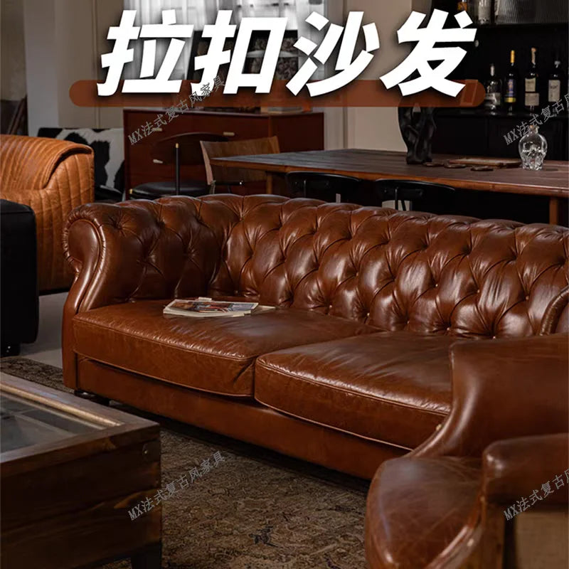 French vintage style button-tufted sofa, classic American cigar bar Burton sofa, mid-century whiskey straight-line sofa
