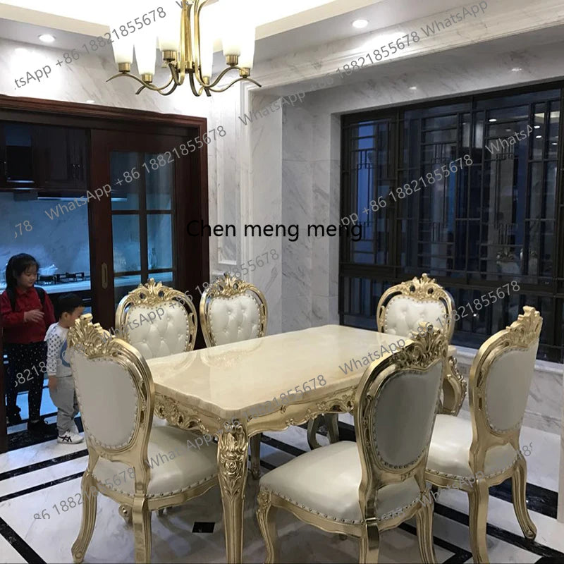European-style Champagne Gold Dining Table and Chairs with Carvings, 1.6m Tables,  Carved Marble Long Dining Table and Chairs