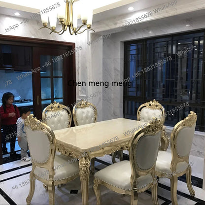European-style Champagne Gold Dining Table and Chairs with Carvings, 1.6m Tables,  Carved Marble Long Dining Table and Chairs