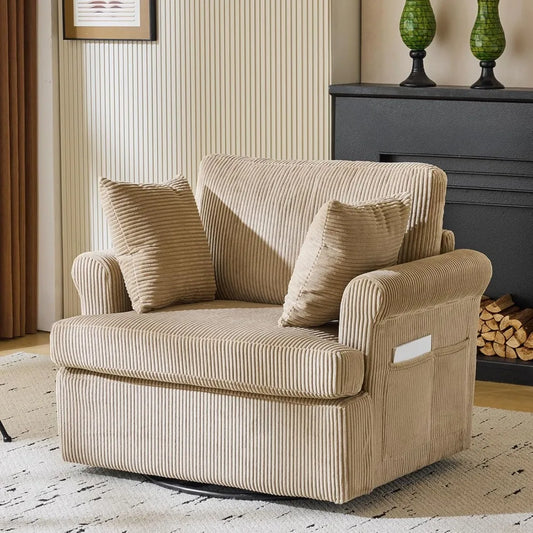 39 Swivel Accent Chair,Oversized Seat Armchair W/2 Pillows and 4 Pockets,Modern Upholstered Corduroy Barrel Chairs,Com