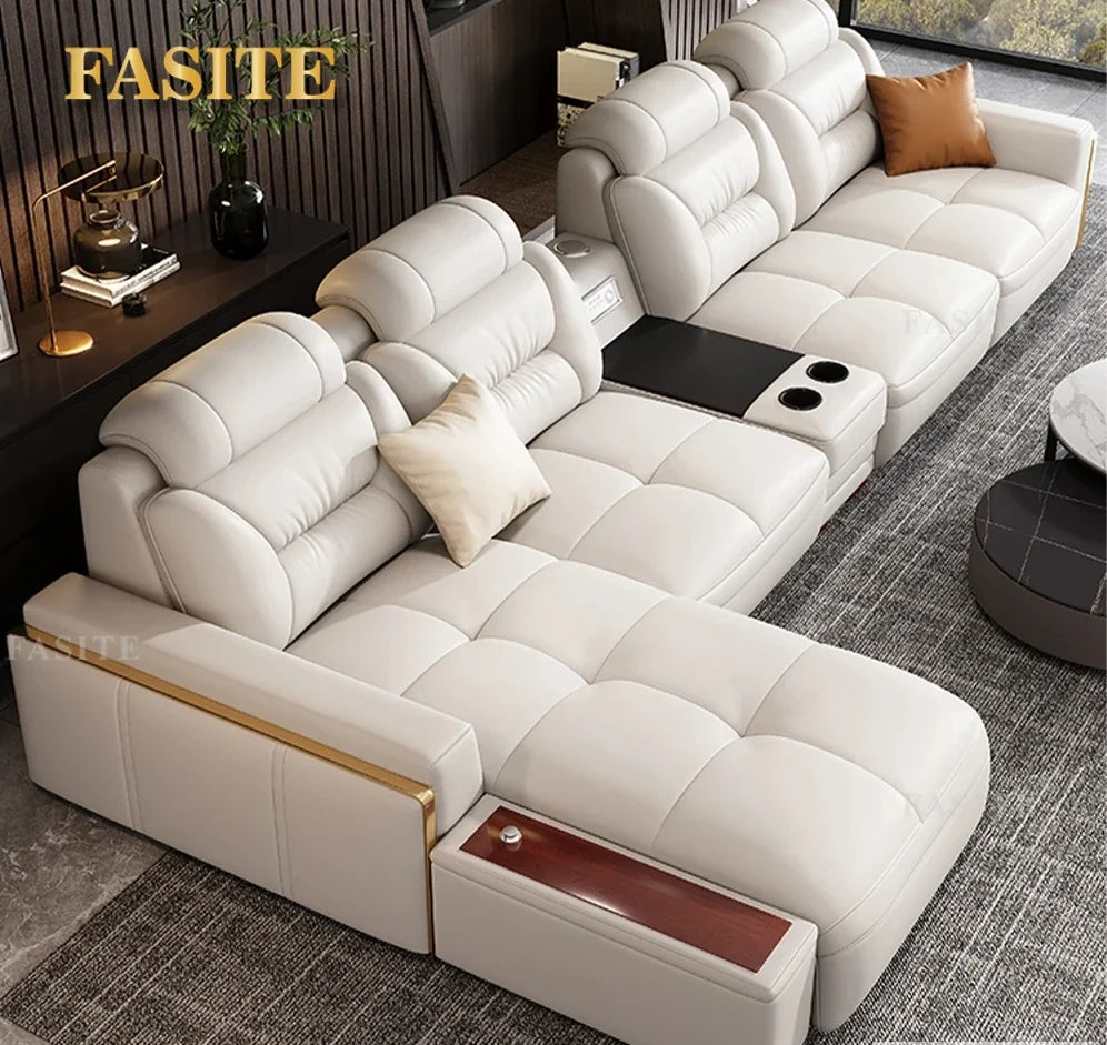 Premium  Italian Genuine Leather Sectional Sofa Sets Couch Sofas with USB and Bluetooth Speaker