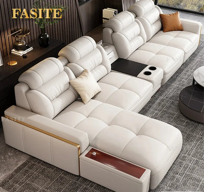 Premium  Italian Genuine Leather Sectional Sofa Sets Couch Sofas with USB and Bluetooth Speaker