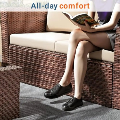 4 Piece Patio Furniture Set, Wicker Outdoor Patios Conversation Furniture Set, Outdoor Patio Sofa with Cushion and Glass Table