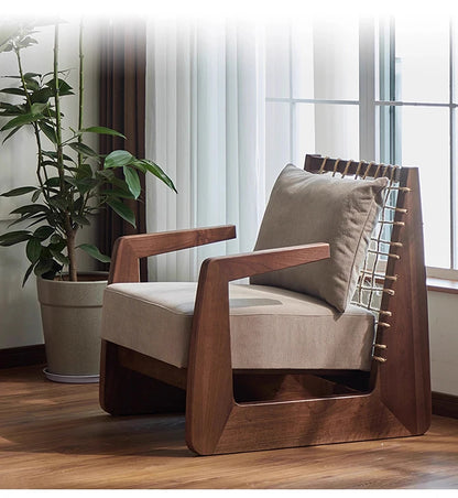Medieval Style Solid Wood Rope Leisure Chair Retro Single Sofa Chair Wabi-sabi High-end Home Cafe Rattan Single Chair