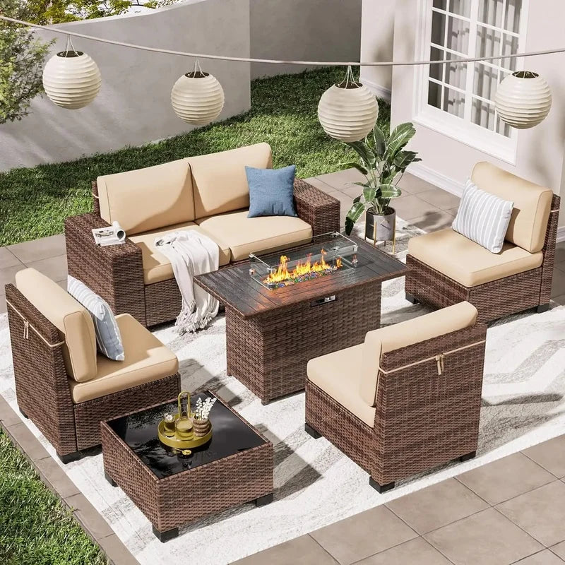 7 PCS Outdoor Sectional Conversation Set with 44" Propane Gas Firepit Table and Widen Wicker Armrests for Patio Furniture