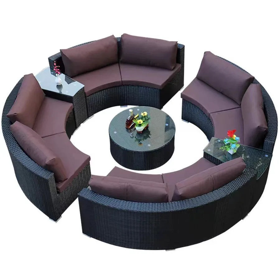 Outdoor round rattan sofa combination garden courtyard semi-circular rattan chair outdoor hotel curved living room