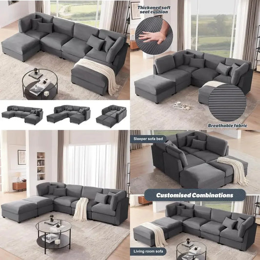 "large 125 inch u-shaped corduroy modular sofa with storage and 6 convertible seats"