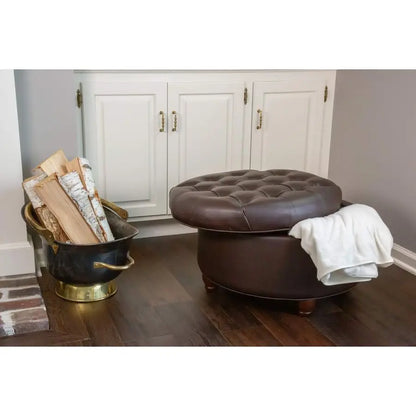 Home Decor Button Tufted Faux Leather Round Storage Ottoman Ottoman with Storage for Living Room amp Bedroom Distressed Brown