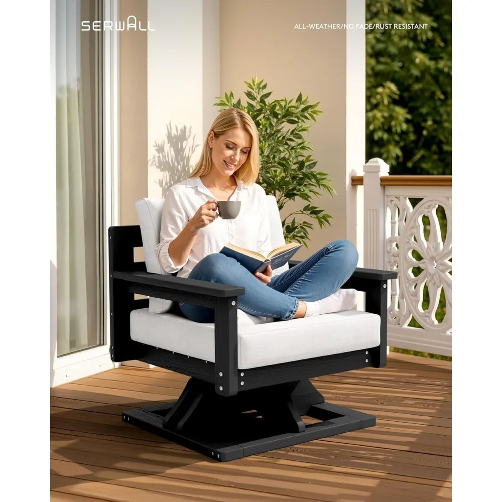 Outdoor Swivel Chairs, All-Weather Patio Swivel Sofas with Thick Cushions for Porch, Balcony, Black Frame with Beig