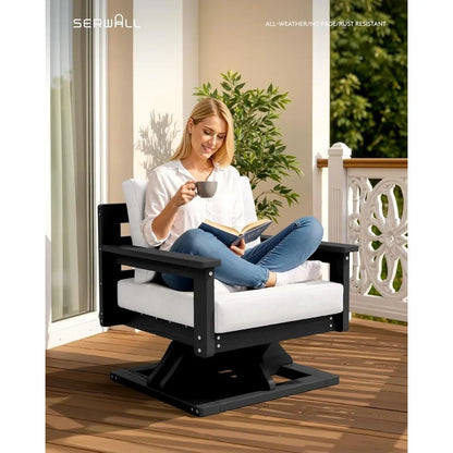 Outdoor Swivel Chairs, All-Weather Patio Swivel Sofas with Thick Cushions for Porch, Balcony, Black Frame with Beig