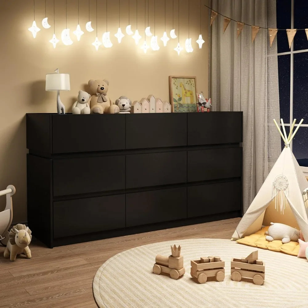 Black Dresser 9 Drawers - 61.4 Wide Chest of Drawer Organizer with Charging Station and LED Lights, Modern TV Stand Drawer Cabin