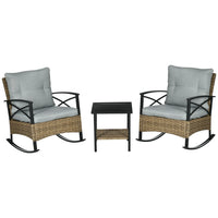 Outsunny Rocking Bistro Set 3PC Wicker Outdoor  with Rocker Chairs Cushions Coffee Table Light Grey
