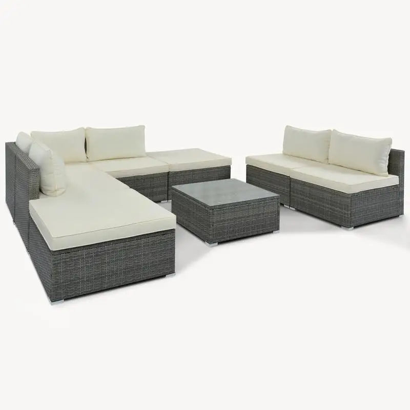 8-Piece Outdoor Patio Furniture Set, Garden Conversation Wicker Sofa, Combinable Single Sofas with Beige Cushions and Gray