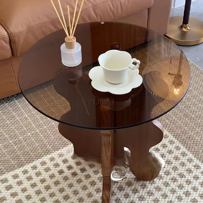 Table basse ondulée en bois massif, pétale rétro français, table créative en verre trempé, petite table ronde