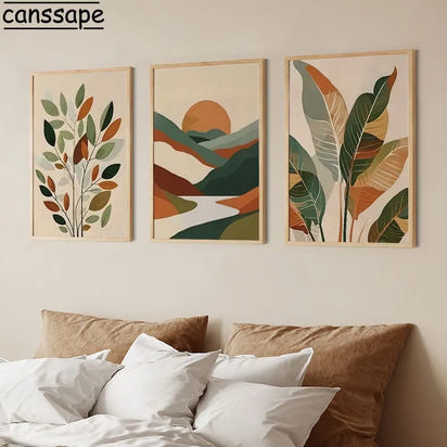 Sunset Leaf Art Poster Abstract Mountain Range Canvas Painting Minimalist Wall Art Living Room Bedroom Apartment Decor No Frame