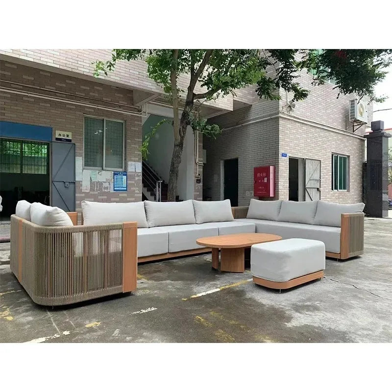 Outdoor Furniture Lounge Sets Modern Garden Teak Wood Couch Sofa Luxury Style Combination Teakwood Rope Sofa Set