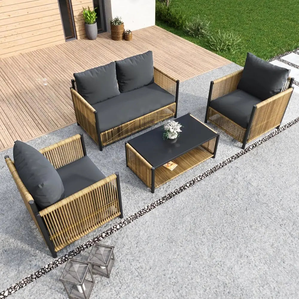 All-Weather Outdoor Wicker Sofa Set with Coffee Table and Cushions, Suitable for Patio, Garden, Backyard, Brown & Grey
