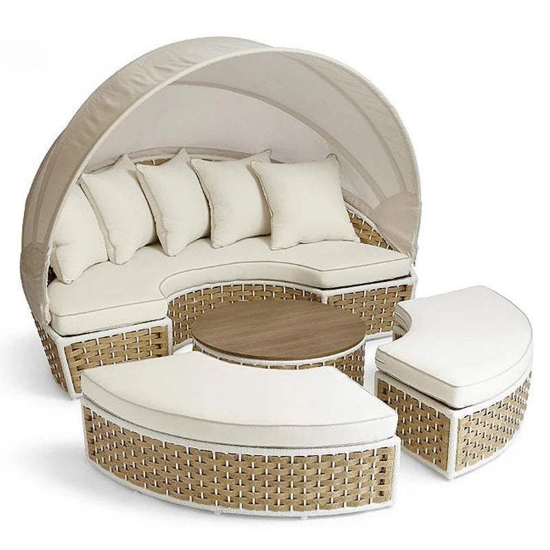 Modern day bed patio furniture hotel luxury garden sun lounger round aluminum rattan wicker outdoor day bed with canopy