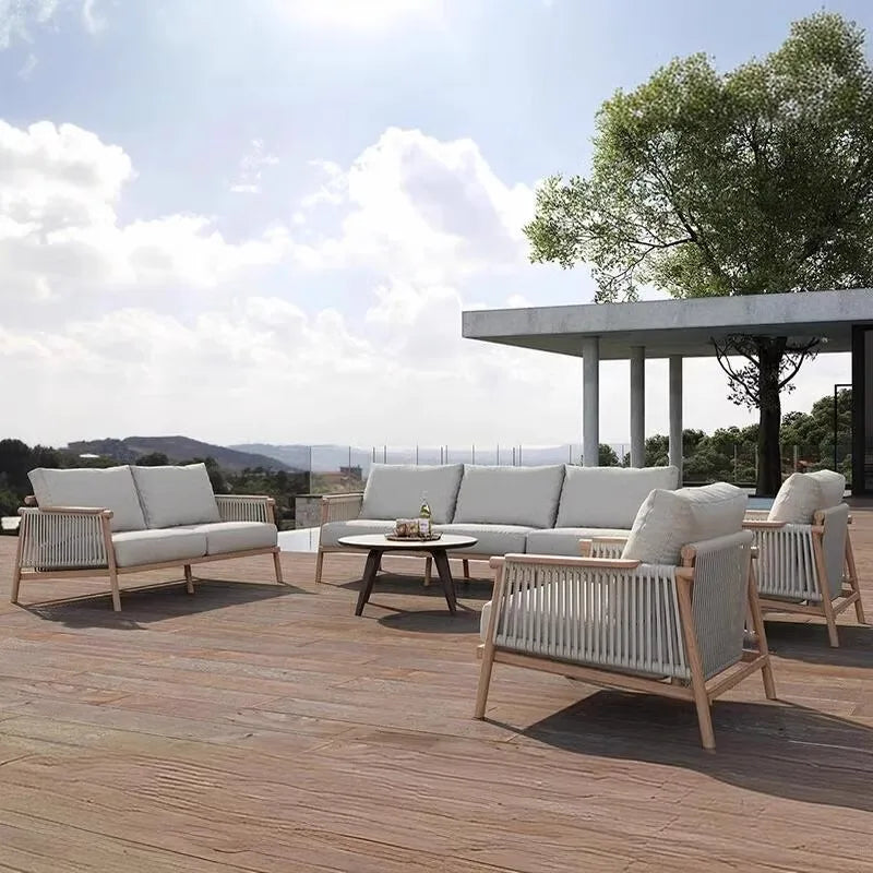 Outdoor Sofa Teak Outdoor Balcony Courtyard Rope Weaving Outdoor Tea Table Combination Garden Solid Wood Furniture