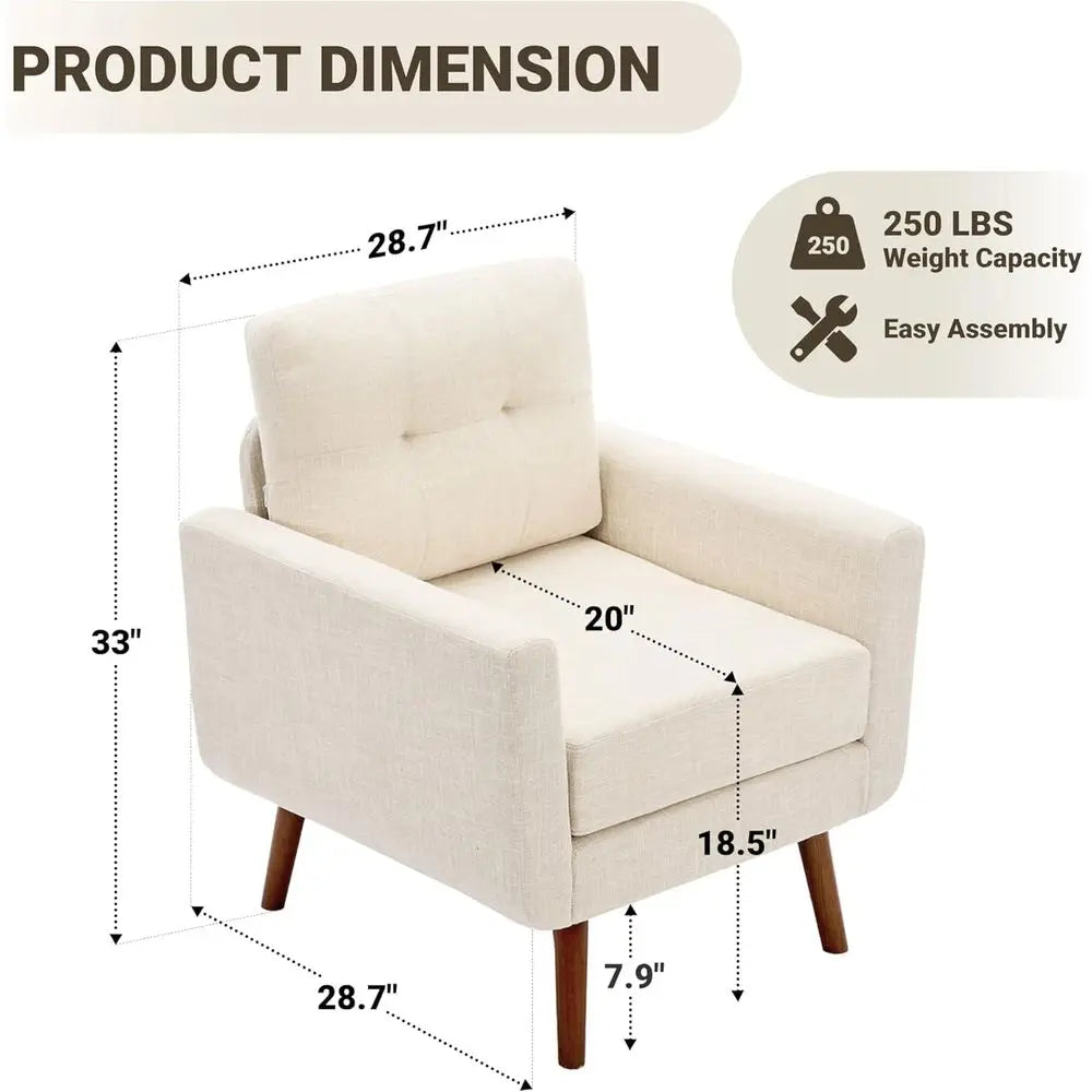 Linen Fabric Single Sofa, Accent Chair, Living Room or Bedroom, Button-Tufted Upholstered, Comfortable Reading Sofa, Beige